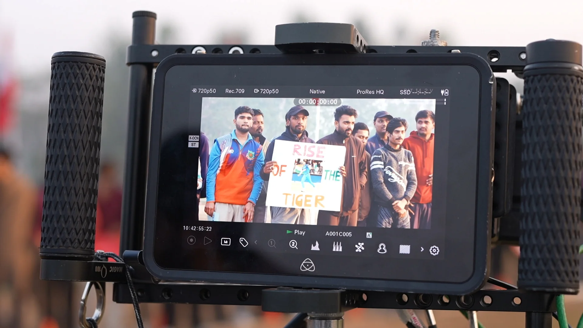 Production monitor showing a group scene