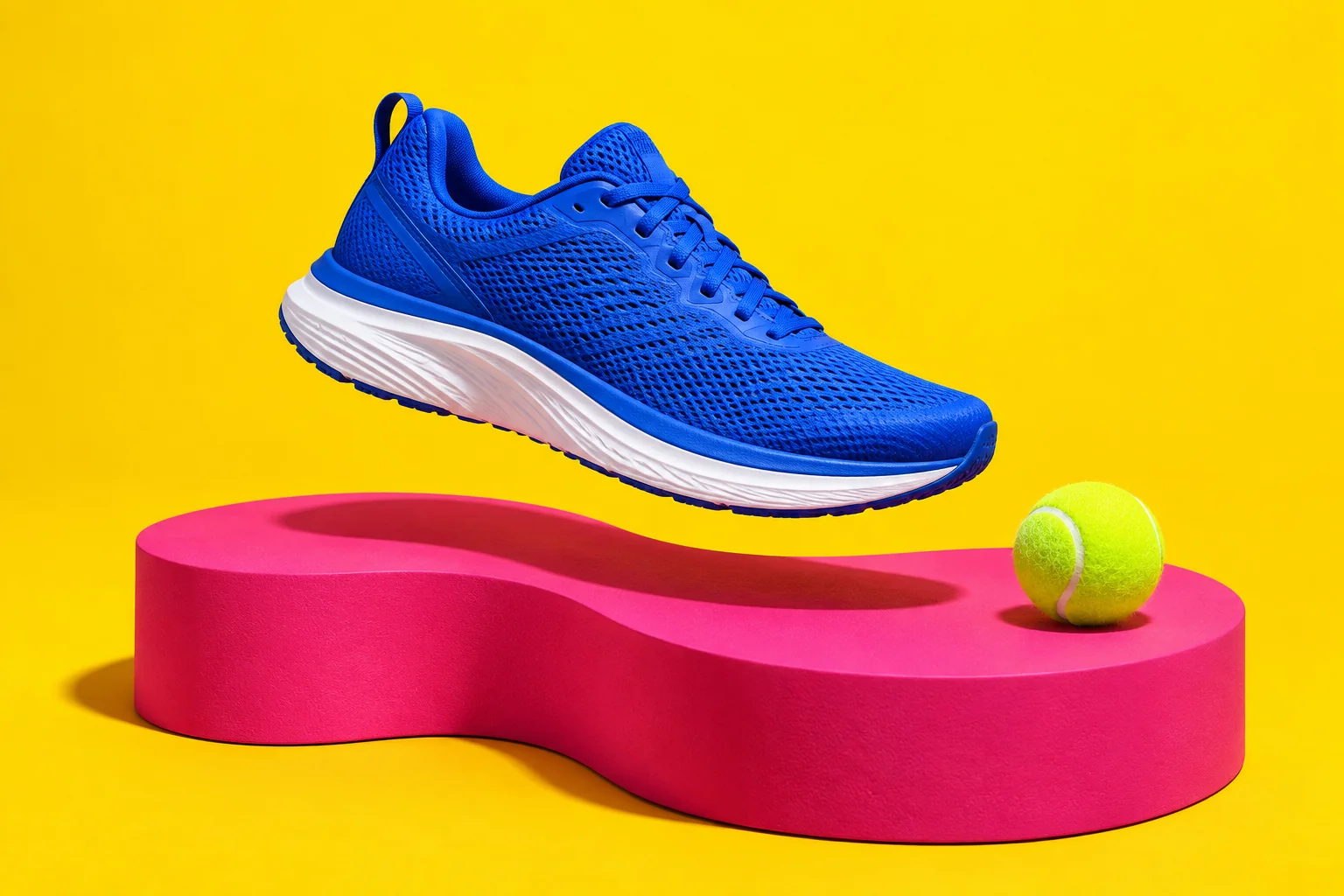 AI creative concept: a blue sports shoe above a pink platform against a yellow background