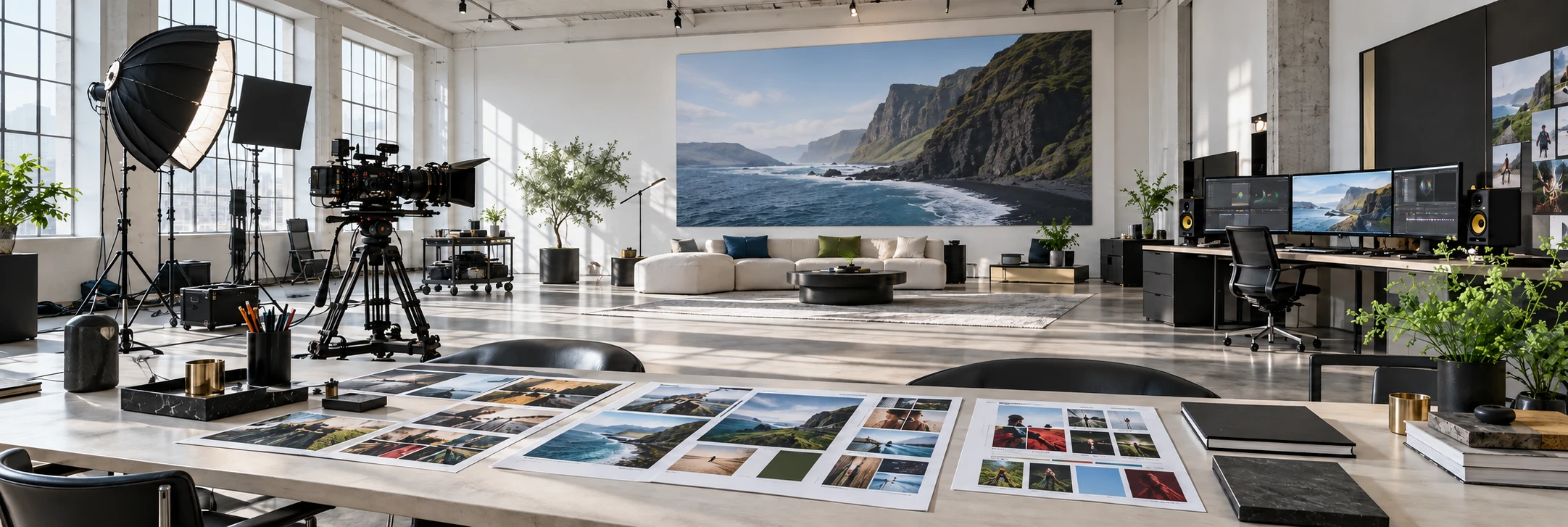 Creative production studio with campaign storyboards, cinema camera, studio lighting and editing workstation