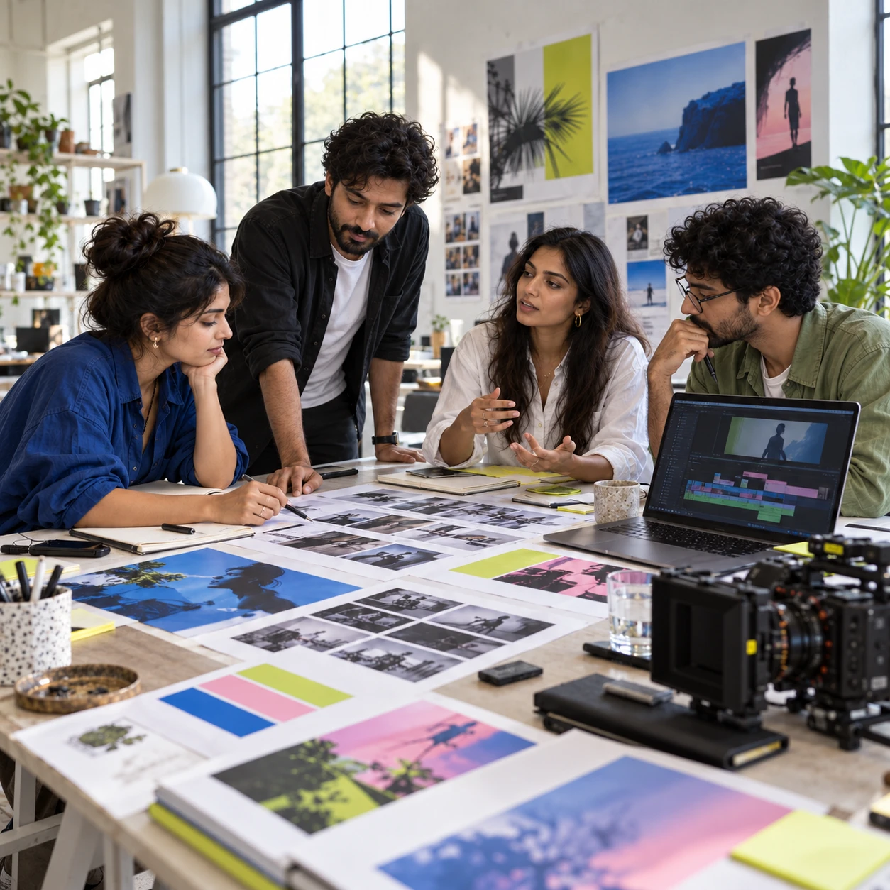 Illustrative scene of creative professionals collaborating on strategy, campaign design and film production